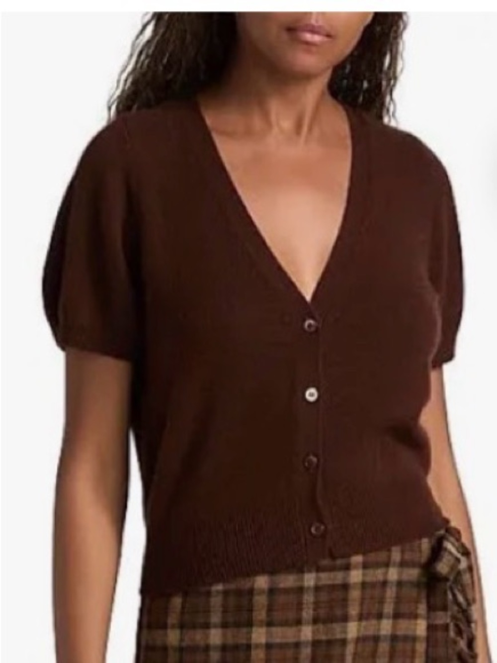 Doen Chocolate Brown Arella V-Neck Button Front Short Sleeve Sweater